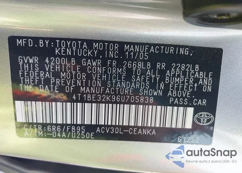 2006 Toyota Camry Le from USA, damaged, VIN 4T1BE32K96U705838